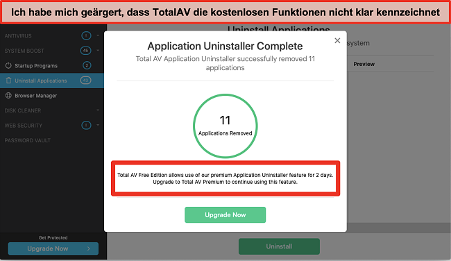 Skjermbilde av TotalAV Application Uninstaller oppsalgsforsøk