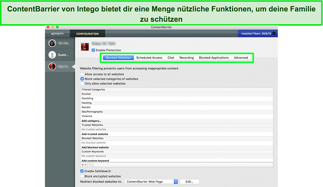 Screenshot des ContentBarrier-Kindersicherungs-Dashboards von Intego