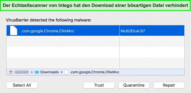 Screenshot des Echtzeit-Scanners von Intego, der das Herunterladen einer schädlichen Datei blockiert