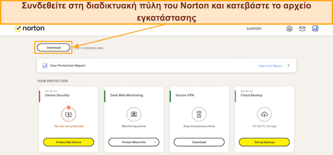 Στιγμιότυπο οθόνης που δείχνει τον τρόπο λήψης της ρύθμισης του Norton από την πύλη web