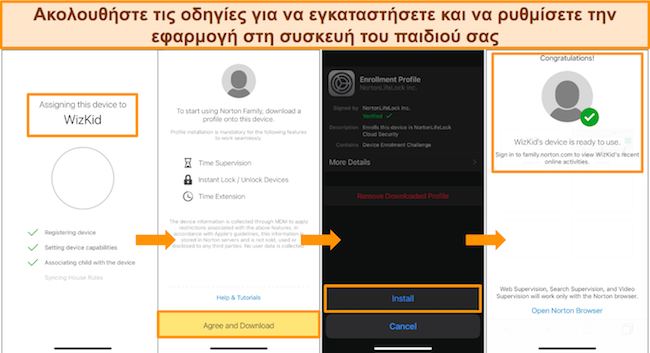 Στιγμιότυπο οθόνης που δείχνει τα διάφορα βήματα για τη ρύθμιση των γονικών ελέγχων του Norton στη συσκευή του παιδιού σας