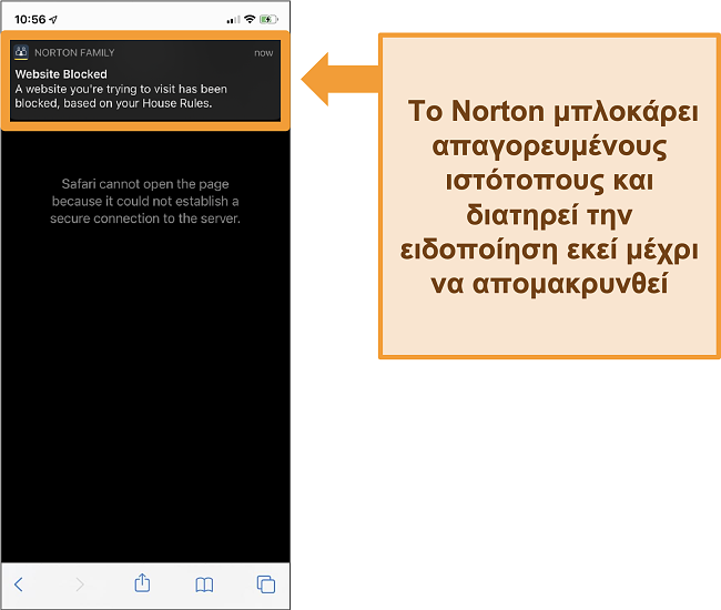 Στιγμιότυπο οθόνης του antivirus Norton με γονικούς ελέγχους ενεργοποιημένους στο iPhone και αποκλεισμό απαγορευμένων ιστότοπων
