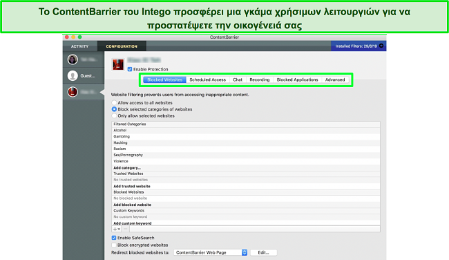 Στιγμιότυπο οθόνης του πίνακα ελέγχου γονικών ελέγχων ContentBarrier της Intego