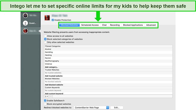 Screenshot of McAfee's Safe Family app showing the dashboard and features.