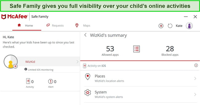 Screenshot of McAfee's Safe Family app showing the dashboard and features.