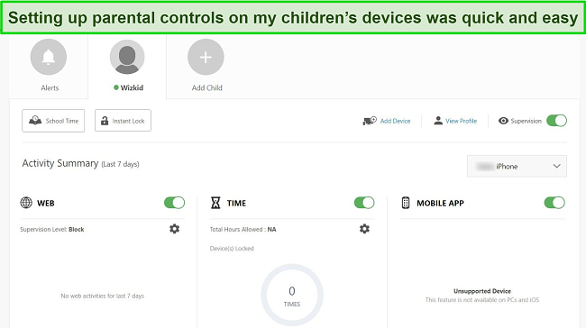 Screenshot of Norton's parental control dashboard on Windows.