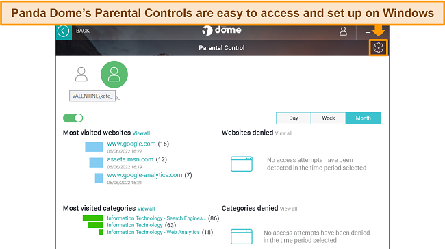 Screenshot of Panda Dome's parental control feature, showing the dashboard and cog icon to configure the settings.