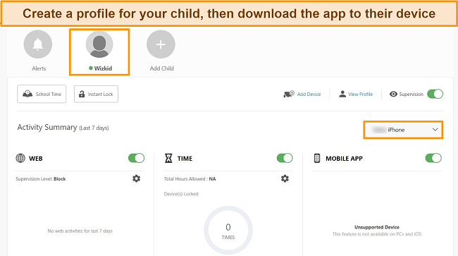 Screenshot of Norton's Parental Controls dashboard, highlighting the child's profile and the device on which parental controls have been downloaded.
