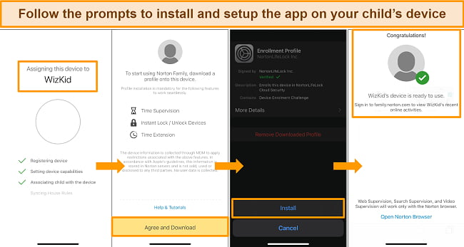 Screenshots of the parental controls setup process for Norton on an iPhone.