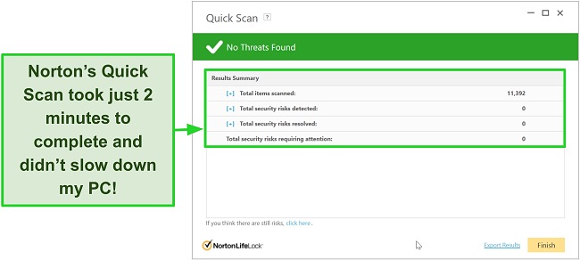 Screenshot of Norton's quick scan results screen.