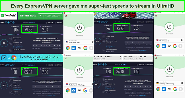 Screenshot of speed tests carried out on 4 different ExpressVPN servers