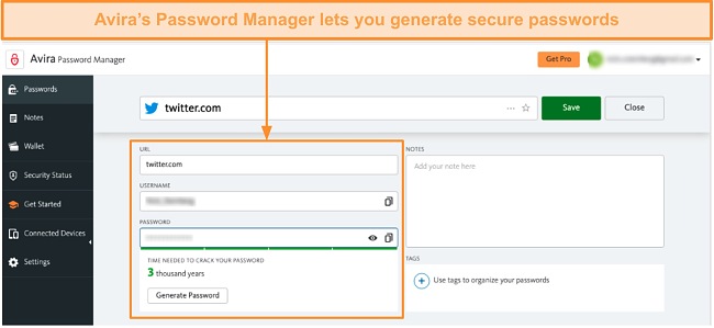 Screenshot of Avira's Password Manager