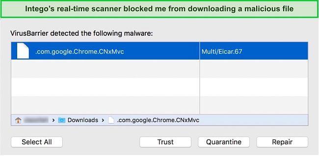 Screenshot of Intego's real-time scanner blocking a malicious file from downloading