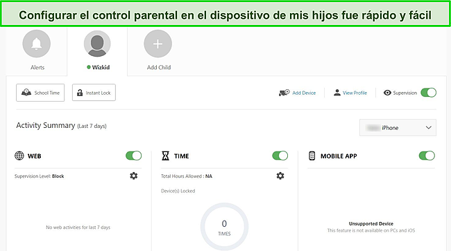 Captura de pantalla del panel de control parental de Norton en Windows.