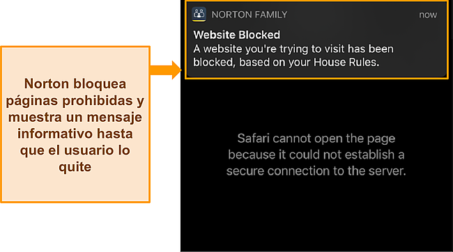 Captura de pantalla en la que se destaca la notificación de Norton al intentar acceder a un sitio web restringido por controles parentales.