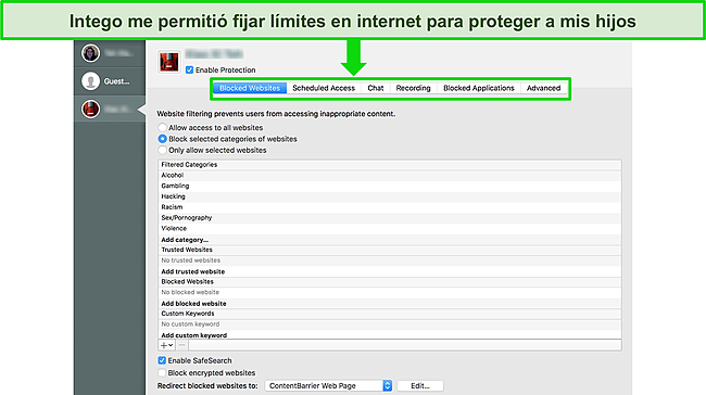 Captura de pantalla de la aplicación Safe Family de McAfee que muestra el panel y las funciones.