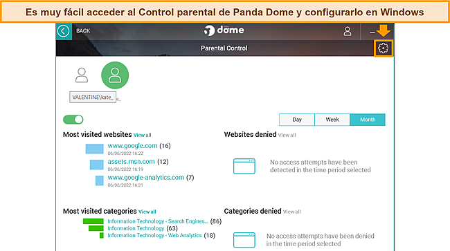 Captura de pantalla de la función de control parental de Panda Dome, que muestra el tablero y el ícono de engranaje para configurar los ajustes.