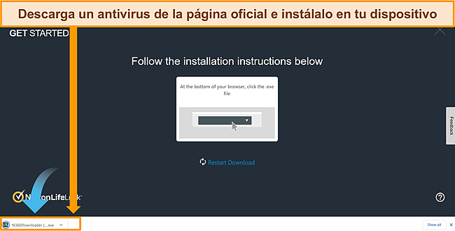 Captura de pantalla del sitio web de Norton que muestra cómo descargar el antivirus en su dispositivo.