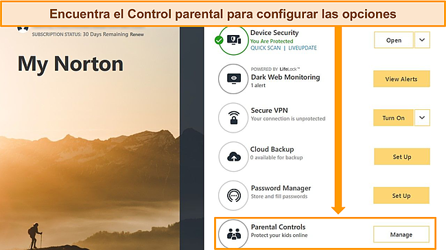 Captura de pantalla que muestra la aplicación Norton para Windows, destacando la función Controles parentales.