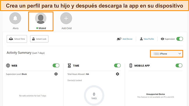 Captura de pantalla del panel Controles parentales de Norton, resaltando el perfil del niño y el dispositivo en el que se han descargado los controles parentales.