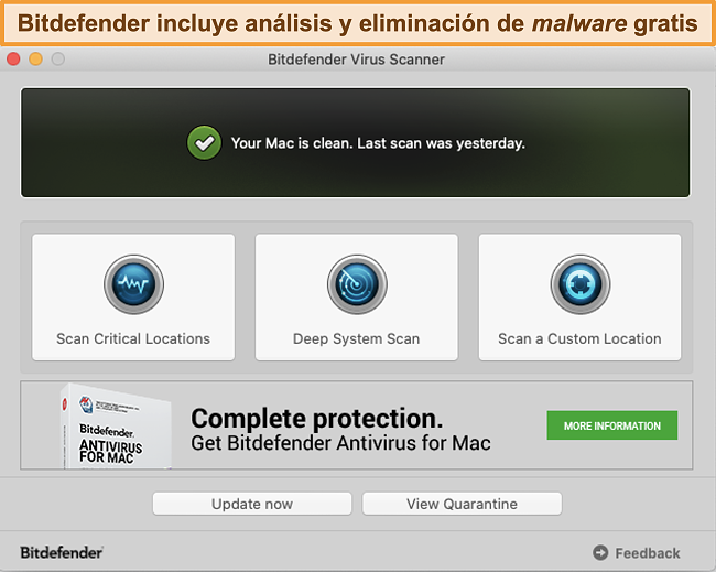 Captura de pantalla del panel de la aplicación Bitdefender en Mac