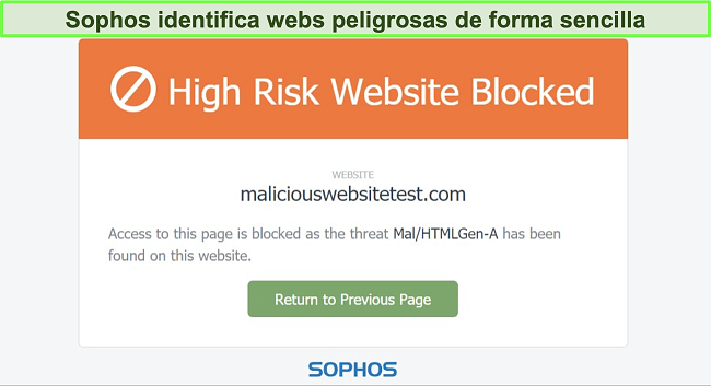 Captura de pantalla de Sophos Web Protection que bloquea un sitio web de alto riesgo