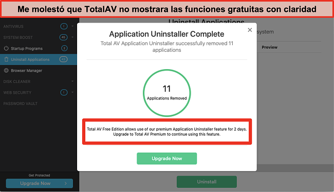 Captura de pantalla del intento de venta adicional del Desinstalador de aplicaciones de TotalAV