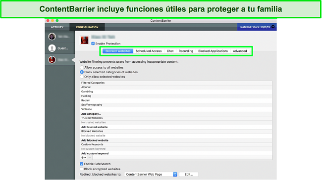 Captura de pantalla del panel de controles parentales ContentBarrier de Intego
