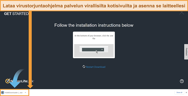 Näyttökuva Norton 360 -sivustosta, joka aloittaa lataus- ja asennusprosessin.