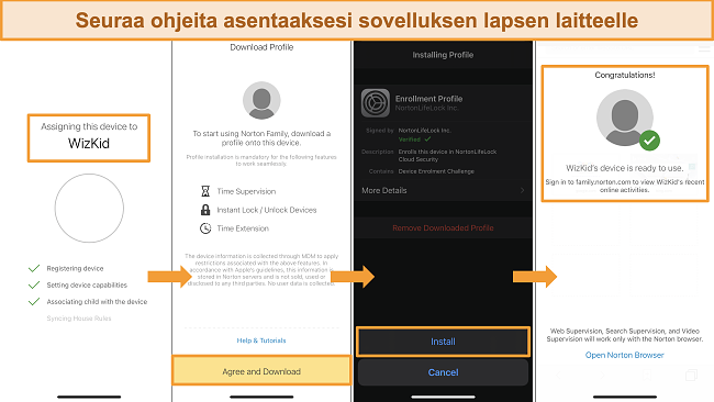 Kuvakaappaukset Norton Family -palvelun asennusprosessista iPhonessa