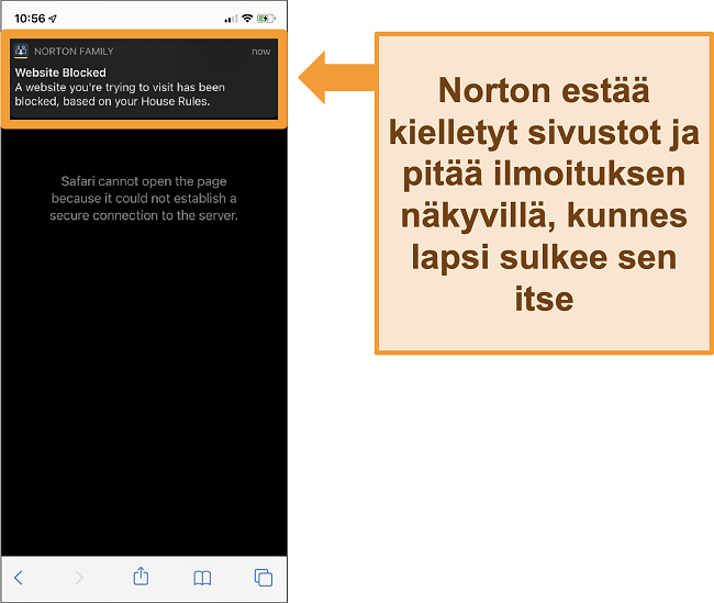 Näyttökuva Norton-virustorjunnasta, jossa lapsilukko on aktivoitu iPhonessa ja joka estää kielletyt verkkosivustot