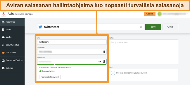 Näyttökuva Avira Password Managerista, joka toimii Macissa