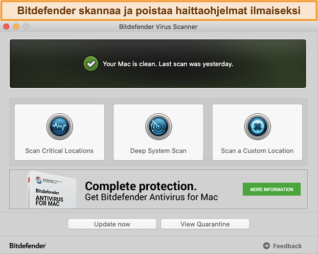 Näyttökuva Bitdefender-sovelluksen hallintapaneelista Macissa