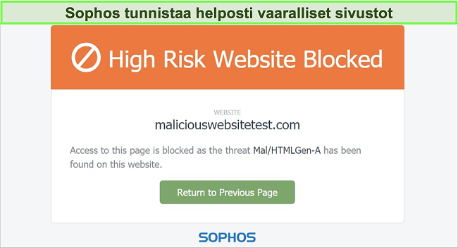 Näyttökuva Sophos Web Protection -sivustosta, joka estää korkean riskin verkkosivuston