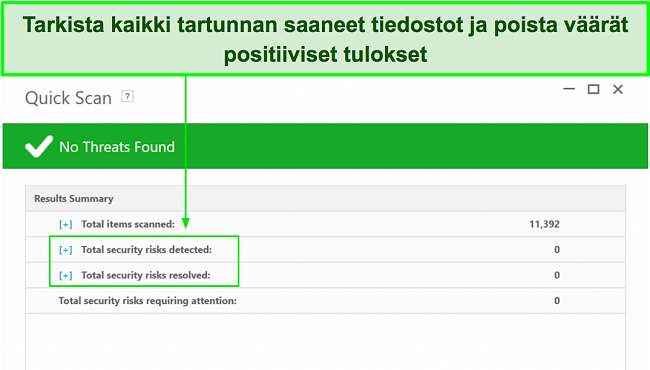 Kuvakaappaus tartunnan saaneiden tiedostojen luettelon tarkistamisesta täyden tarkistuksen jälkeen