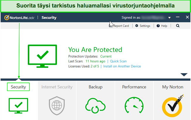 Näyttökaappaus Nortonin päähallintapaneelista