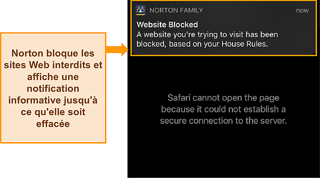 Capture d'écran de la mise en surbrillance de la notification de Norton lorsque vous essayez d'accéder à un site Web restreint par le contrôle parental.