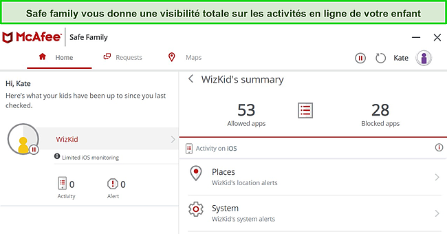 Capture d'écran de l'application Safe Family de McAfee montrant le tableau de bord et les fonctionnalités.