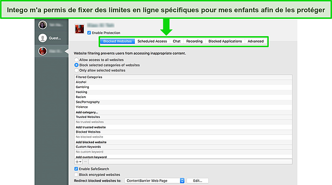 Capture d'écran de l'application Safe Family de McAfee montrant le tableau de bord et les fonctionnalités.