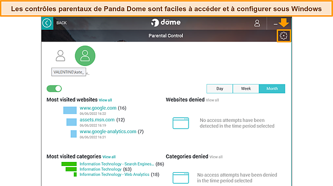 Capture d'écran de la fonction de contrôle parental de Panda Dome, montrant le tableau de bord et l'icône de rouage pour configurer les paramètres.
