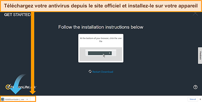 Capture d'écran du site Web de Norton montrant comment télécharger l'antivirus sur votre appareil.