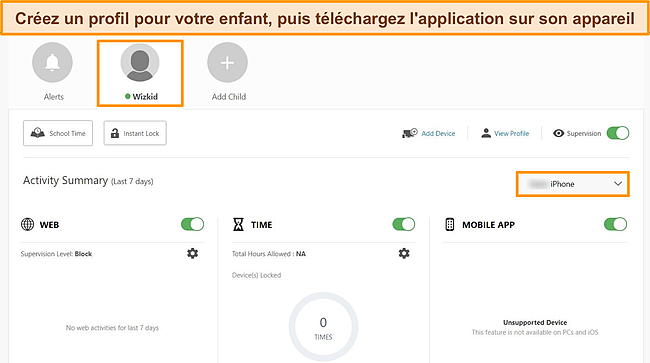 Capture d'écran du tableau de bord des contrôles parentaux de Norton, mettant en évidence le profil de l'enfant et l'appareil sur lequel les contrôles parentaux ont été téléchargés.