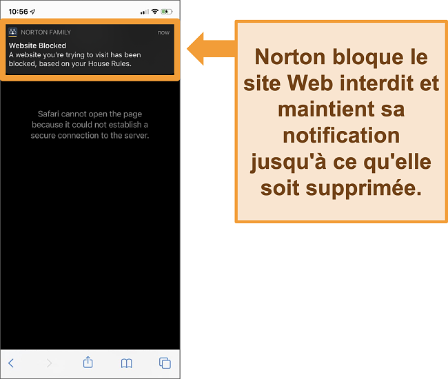 Capture d'écran de l'antivirus Norton avec contrôle parental activé sur l'iPhone et bloquant les sites Web interdits