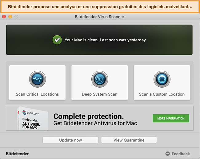 Capture d'écran du tableau de bord de l'application Bitdefender sur Mac