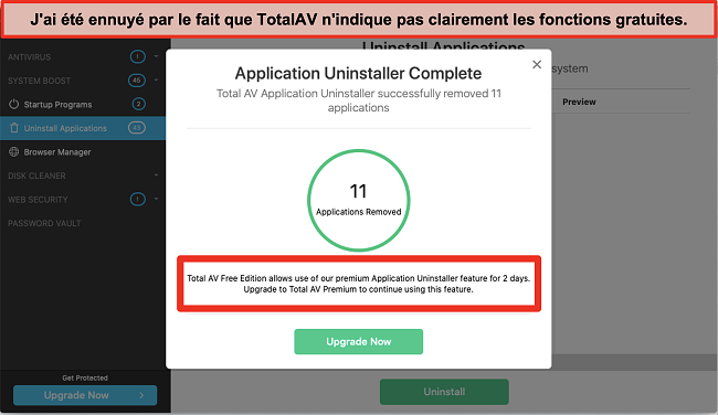 Capture d'écran de la tentative de vente incitative de TotalAV Application Uninstaller