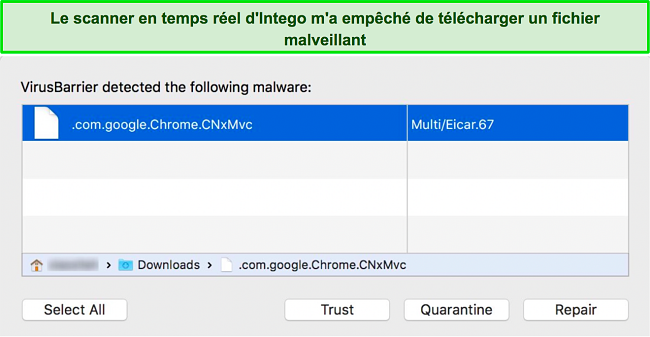 Capture d'écran du scanner en temps réel d'Intego empêchant le téléchargement d'un fichier malveillant