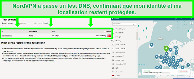 Capture d'écran d'un test de fuite DNS réussi alors que NordVPN est connecté à un serveur en Norvège