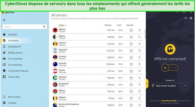 Capture d'écran de la liste des serveurs disponibles de CyberGhost