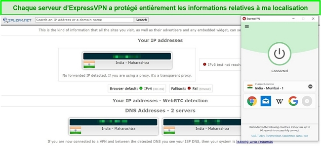 Capture d'écran d'un test de fuite IP et DNS sur le serveur ExpressVPN en Inde