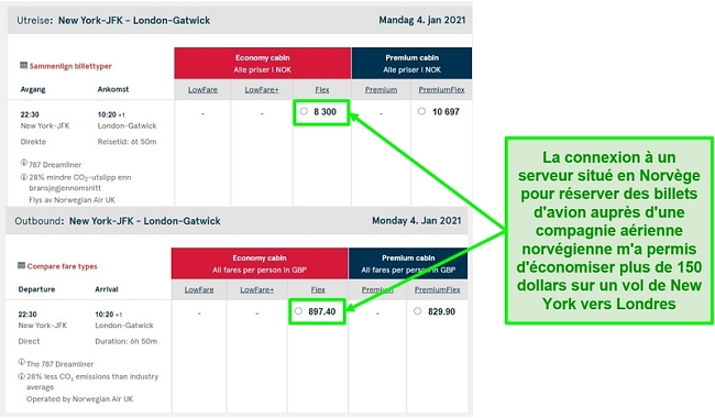 Comparaison des prix des vols New York-Londres montrant des différences lorsqu'ils sont connectés à des serveurs en Norvège et au Royaume-Uni